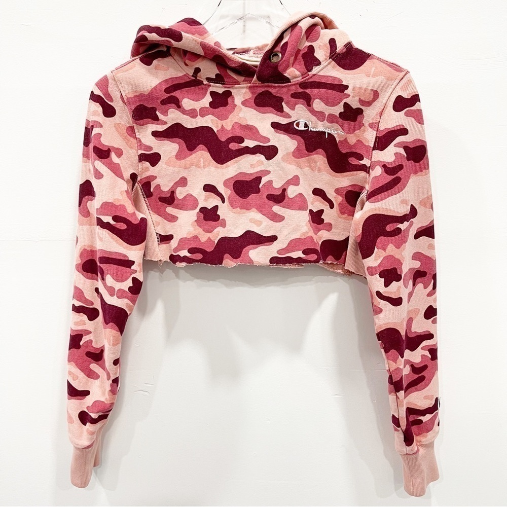 Champion Reverse Weave Women’s Classic Camo Hoody Cropped Large Pink
